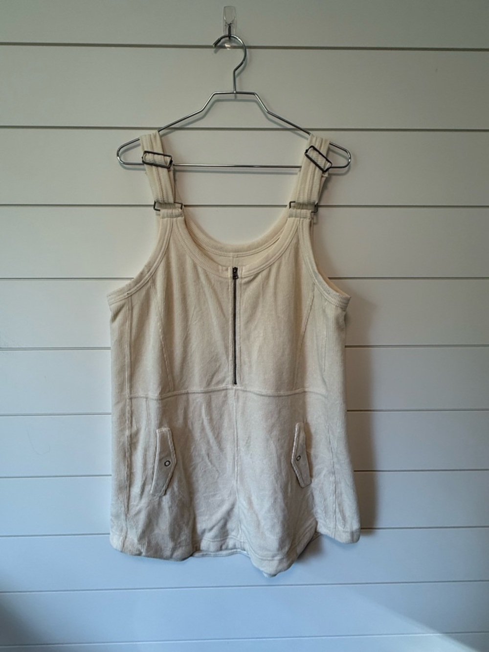 Cream Ribbed Overall Mini Dress Sleeveless Zip-Front Pockets Stretchy